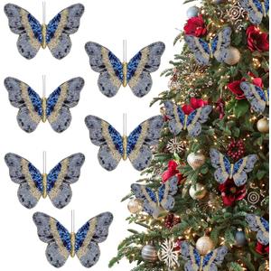 6Pcs Artificial Velvet Glitter Butterflies Clip-On Christmas Decorative Ornaments for Xmas Tree Decoration Crafts Wreath Festive Holiday Wedding Party Home Decor, 5.9 x 3.15 Inch (6, Blue)