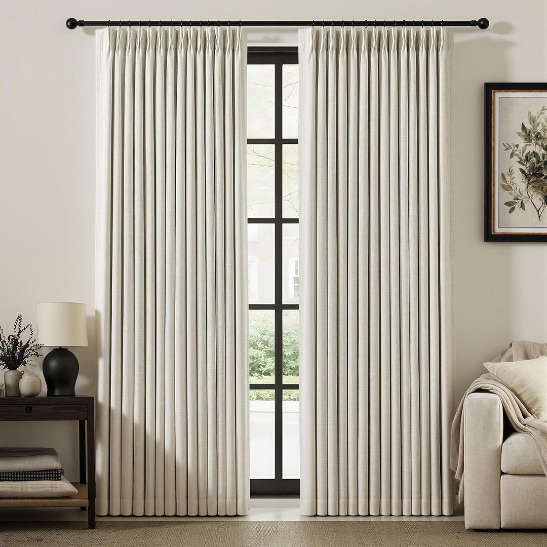 IVAPUPU Natural Linen Blend Pinch Pleated Blackout Curtains for Bedroom - 2 Pages Black Out Curtains 63 Inch 2 Panels Set for Living Room Darkening Thermal Thick Window Curtain Drapes with 16pc Hooks