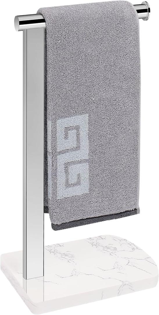 NearMoon Hand Towel Holder with Balanced Marble Base, 304 Stainless Steel Stand Towel Ring L Shape Hand Towel Rack Free-Standing Towel Bar for Bathroom Kitchen Countertop (Single Rod, Chrome)