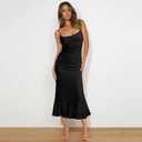 Women's Sleeveless Spaghetti Straps Scoop Neck Floral Lace Bodycon Midi Fishtail Dress Evening Party Dress Backless (Black, L)