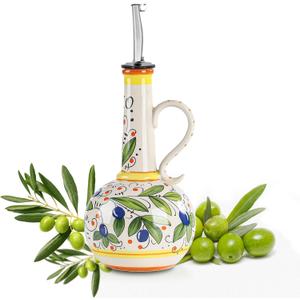 18 oz Ceramic Olive Oil Dispenser Bottle for Kitchen, Large Capacity Oli and Vinegar Cruet with Stainless Steel Spout, 540 ml Oil Container with Handle for Cooking Preventing, Vinegar Cruet