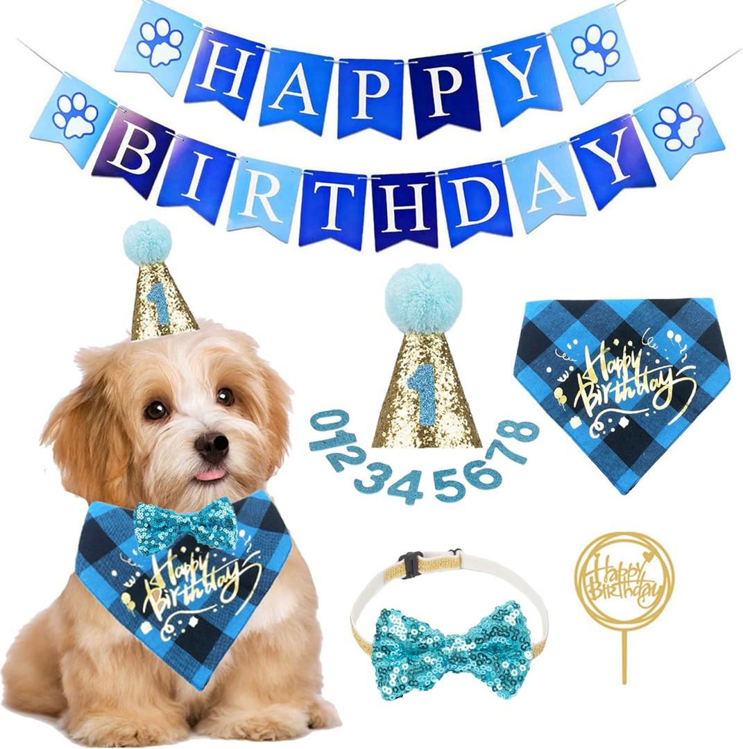 ADOGGYGO Dog Birthday Boy Bandana, Puppy 1st Birthday Party Supplies, Pet Party Hat Scarf Bowtie Banner Set for Small Medium Dogs (Small&Medium) (Blue)