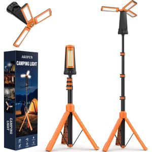 AKOFUN 15000 mAh Rechargeable Camping Light with Stand, Cordless Work Light with 3 LED Lamp Heads, 5500 Lumens Dimmable Camping Essentials Gear Emergency Flashlight with 86" Detachable Tripod, Orange