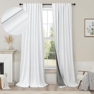 White Blackout Curtains 96 Inches Long 2 Panel Burg for Bedroom Thermal Insulated Total Black Out Boho Extra Wide Window Drape for Living Room Thick Linen Textured Soundproof Back Tab 8ft 52x96 Length