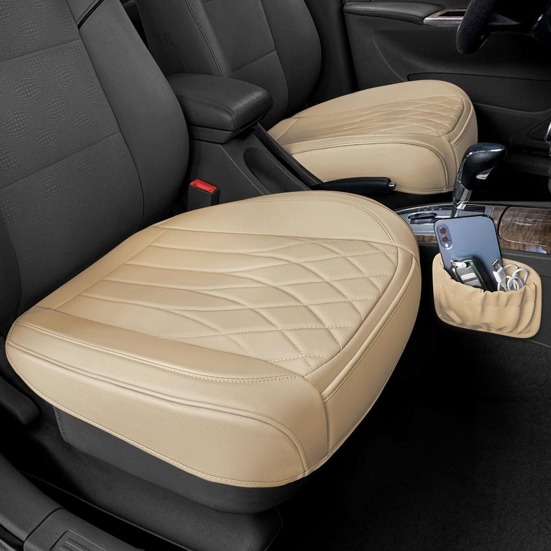 2 Pack Leather Front Car Seat Cover Bottom Car Seat, Universal Anti-Slip Driver Car Seat Protectors with Storage Pocket, Waterproof Bottom Auto Seat Cushion Pad Mat for Most Vehicles(Beige)