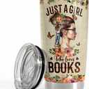 SANDJEST Book Tumbler Cup 20oz Just A Girl Who Loves Books Tumblers Coffee Travel Mug Book Lovers Gifts for Women Reading Lover Reader Bookworm Gifts for Birthday Christmas