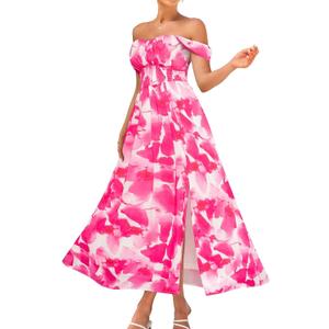 GRACE KARIN 2026 Women's Summer Floral Wedding Guest Dress,Beach Flowy A Line Maxi Off Shoulder Bridesmaid Dresses, Pink Watercolour, Small