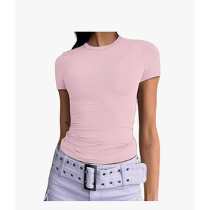 Dwnval Women Sexy Basic T Shirts Tops Summer Short Sleeve Crewneck Slim Fit Cute Crop Top Blouses, L
