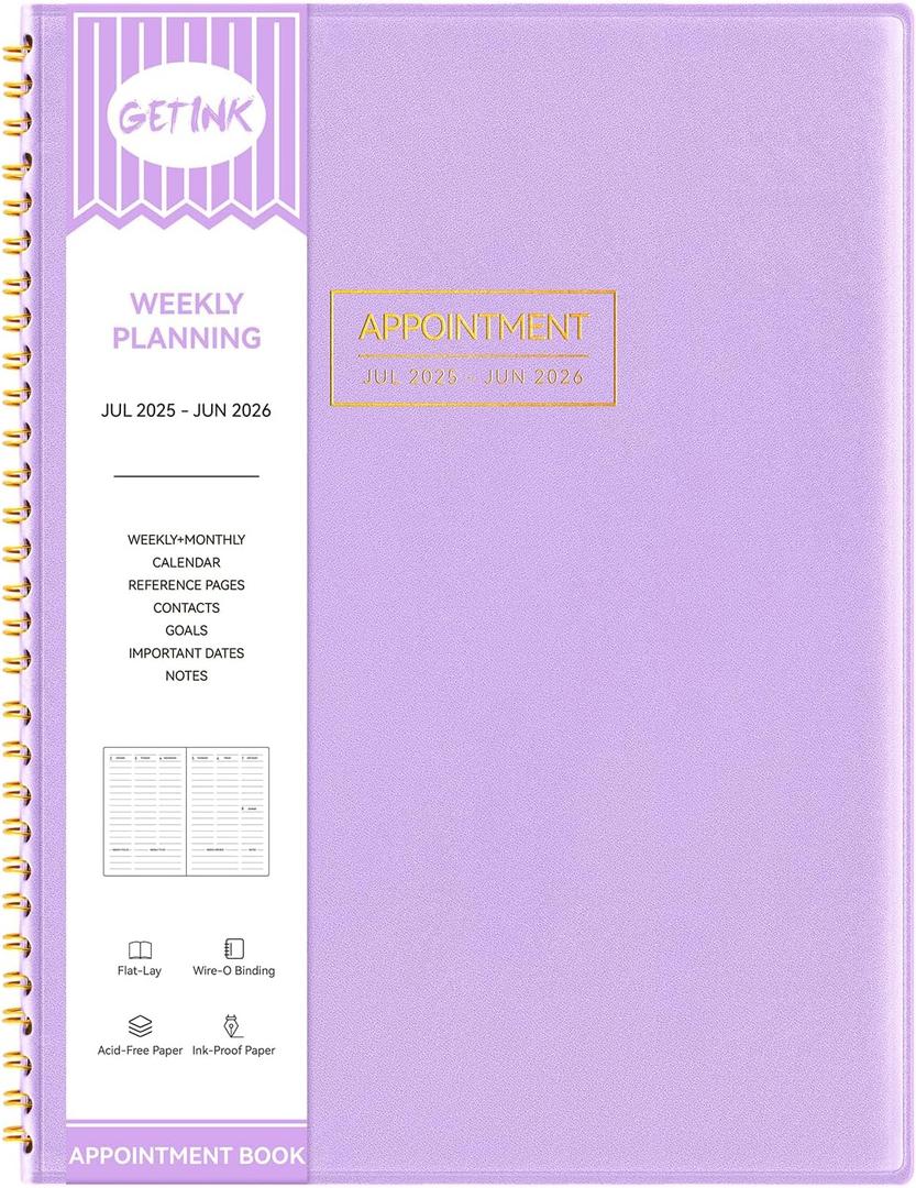 GETINK Appointment Book 2025-2026 Weekly Daily Hourly Planner 8.5"x11" Spiral Bound, Jul. 2025 - Jun. 2026, Laredule Appointment Planner 2025 with 15-Minute Increments, Flexible Cover, Purple, A4