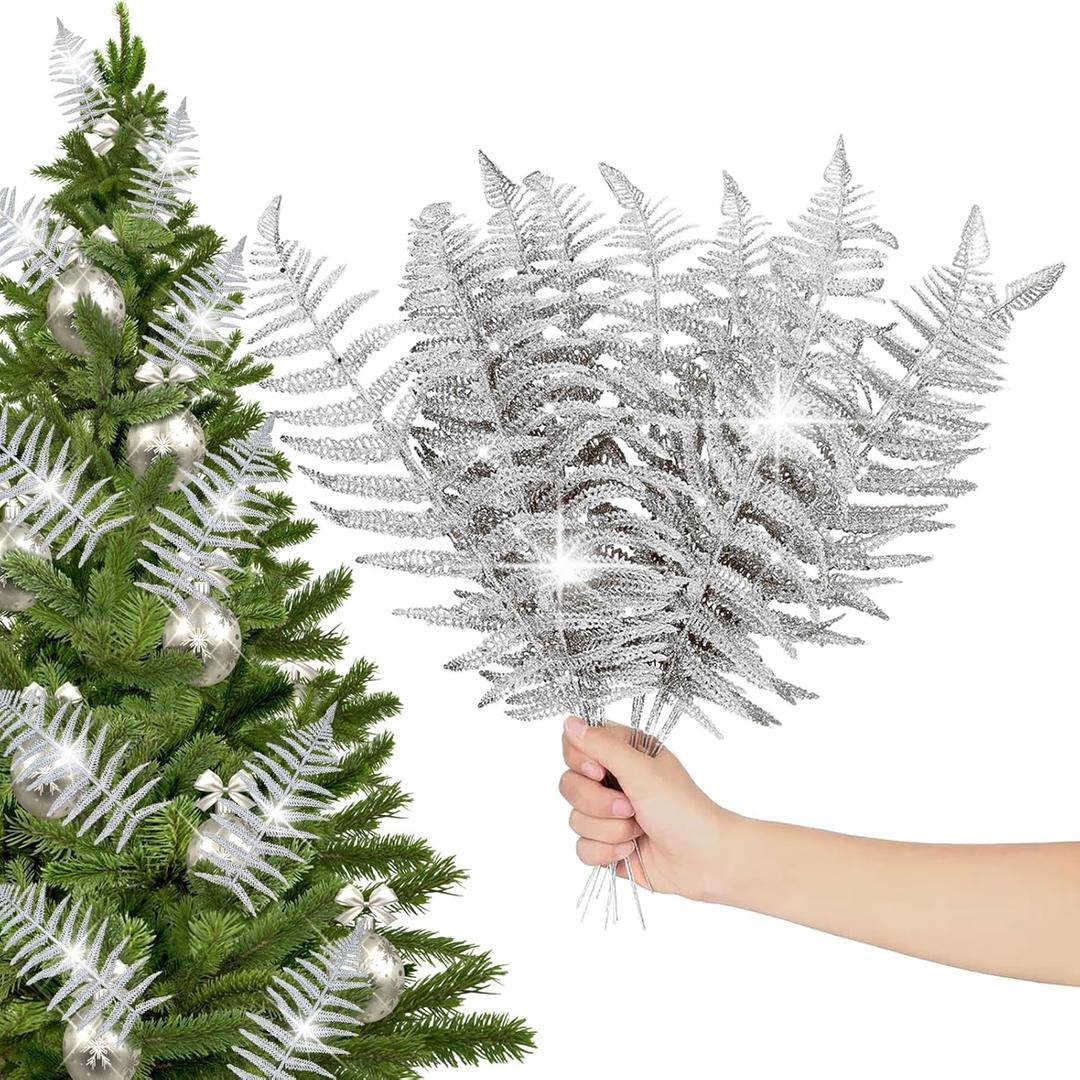 10PCS Artificial Silver Leaf Fake Leaves Glitter Silver Flowers Christmas Wreath Fake Foliage Tree Christmas Picks Silver Decor Wreath Decorations (Silver)