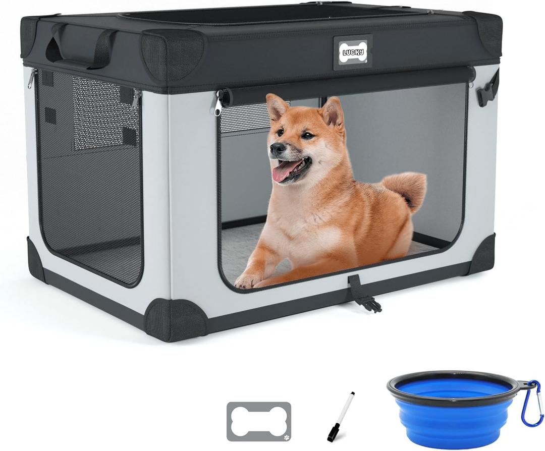 30 Inch Portable Dog Crate, Collapsible Dog Travel Crate for Indoor and Outdoor Use, 3-Door Foldable Soft Kenne with Mesh Windows, Warm Blanket and Foldable Bowl