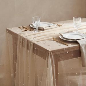 Horaldaily White Pearl Beige Gauze Tablecloth 60104 Inch Rectangular, Spring Summer Tulle Lace Cheesecloth, Bridal Shower Table Cover for Wedding Birthday Table Decor