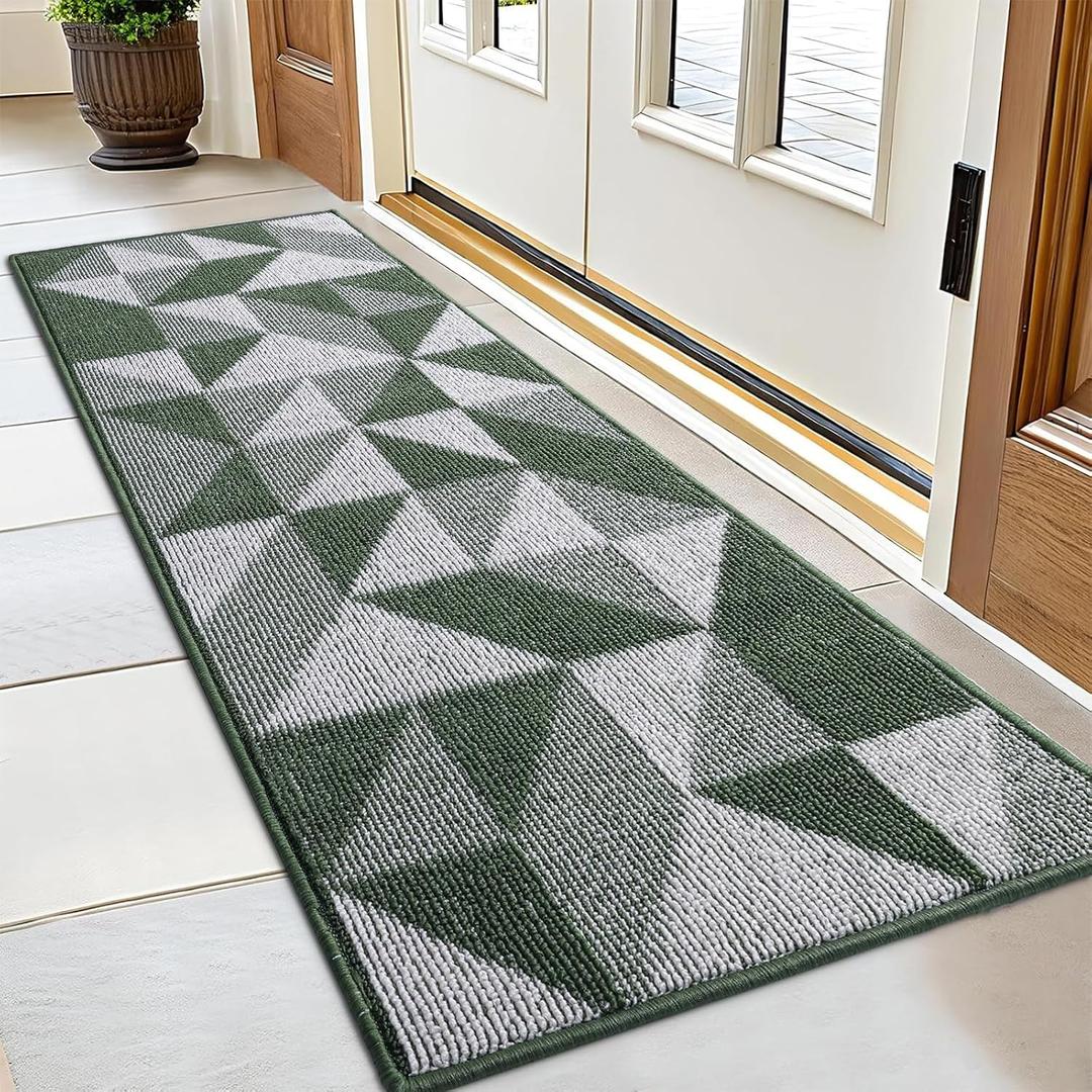 OLANLY Door Mat Indoor Entrance Washable 59x23, Odor-Free Low-Profile Front Back Geometric Doormat, Absorbent Resist Dirt Entry Carpet, Easy to Clean Sturdy Inside Floor Mats for Entryway, Green