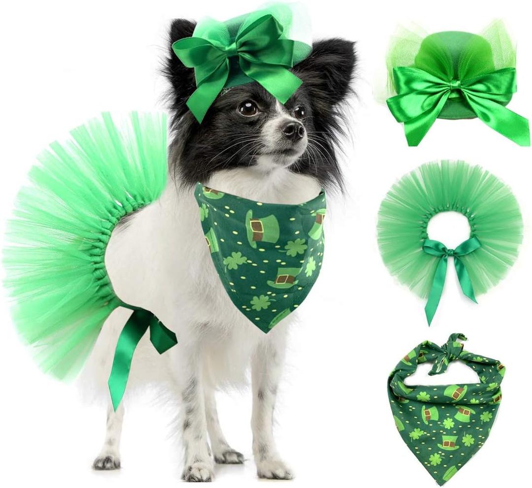 Pet Dog Saint Patrick's Day Costume - Green Dog Top Hat Dog Saint Patrick's Day Shamrock Bandana with Clover Pattern and Pet Tutu Skirt for Girl Dogs Cats Puppy Kitten 3Pcs