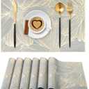 Gold Placemats Set of 6 Rectangle Pressed Vinyl Table Mats Heat Resistant Non-Slip Washable Wipeable Place Mats for Dining Table Indoor Outdoor Flower Dinner Placemats