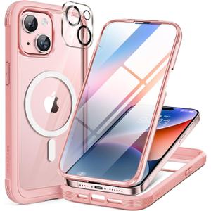 Miracase Glass Series for iPhone 15 Case [Compatible with MagSafe] Full-Body Magnetic Case with Built-in 9H Tempered Glass Anti-Fingerprint Screen Protector + Camera Lens Protector, Baby Pink