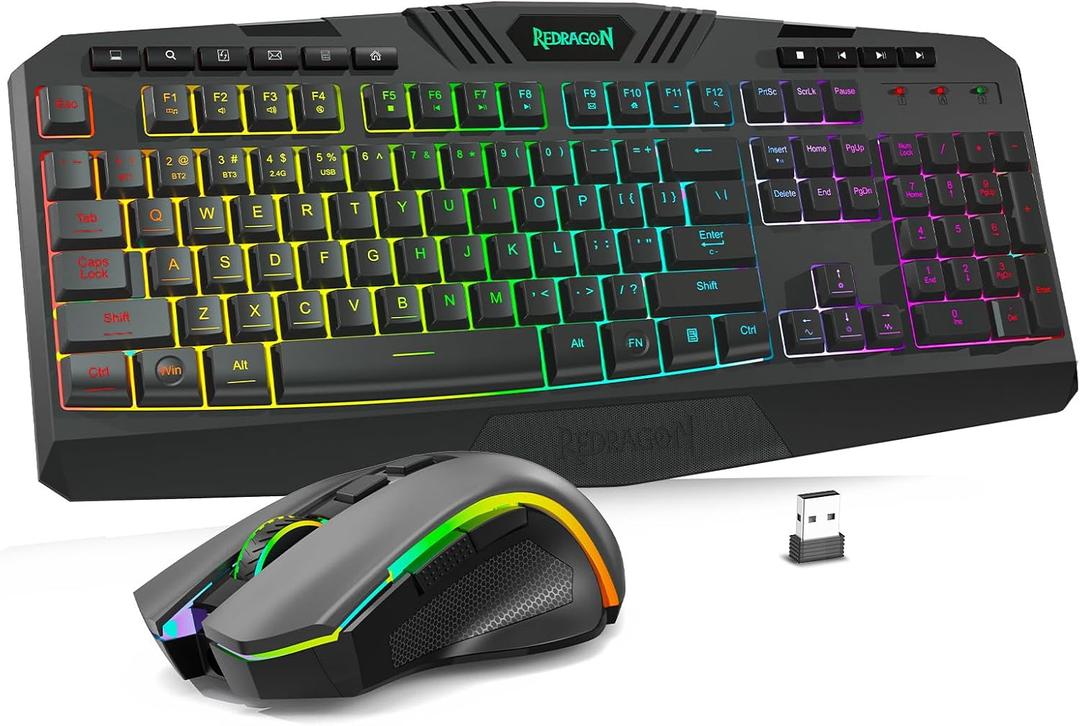 Redragon S101-PKS Gaming Keyboard and Mouse Wireless with Tri-Mode, RGB Keyboard and 4800 DPI Gaming Mouse, 10 Independent Multimedia Keys for Wins, PC, Computer, Wireless S101 Ideal for Gamer (Black)