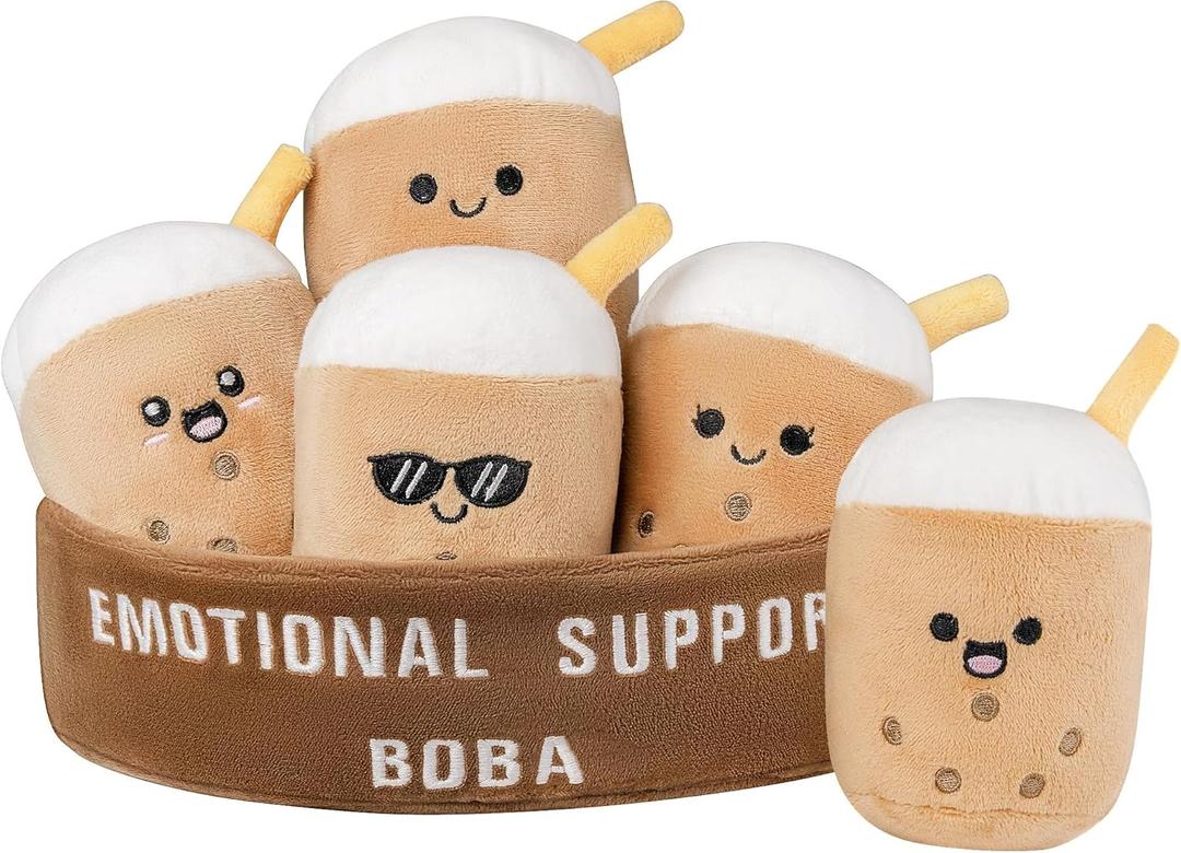 Emotional Support Boba Plush, 5 Cute Squishy Toys Stuffed Animal with Carrying Basket, Funny Cute Cuddly for Boba Lovers Adults, Inspirational Motivational Encouragement Gifts for Women Men