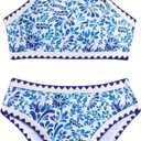 SHENHE Girl's High Waisted Swimsuit Floral Graphic Contrast Binding 2 Piece Tankini Set Swimwear (Blue) 11Y