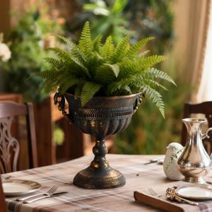 Vintage Urn Planter, 11.5" Distressed Metal Vase with Embossed Design, Rustic Centerpiece for Mantel, Table, Entryway or Living Room Decor