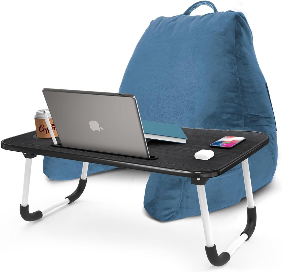 Nestl Reading Pillow with Portable Laptop Lap Desk - Shredded Memory Foam Back Support Pillow for Sitting Up in Bed and Couch Rest Pillows with Arms, Bed Tray Table with Foldable Legs, Blue Heaven Nestl Reading Pillow with Portable Laptop Lap Desk - Shredded Memory Foam Back Support Pillow for Sitting Up in Bed and Couch Rest Pillows with Arms, Bed Tray Table with Foldable Legs, Blue Heaven