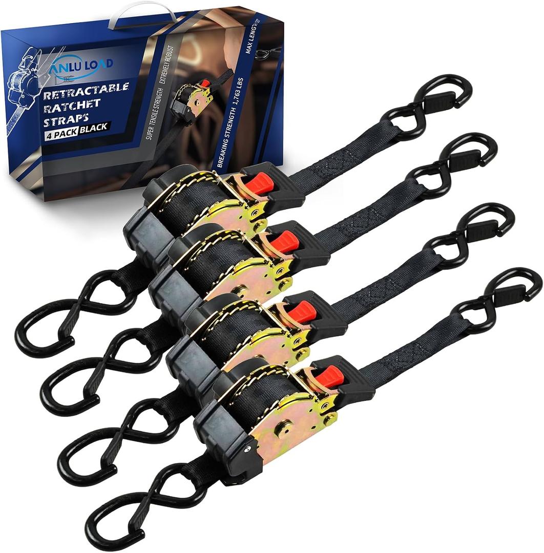 ANLULOAD Retractable Ratchet Strap,1In*9.84Ft S Hook Retractable Tie Down Strap for Motorcycles, Boats,Atvs,Utvs. BS:1763lbs