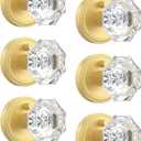 Asidrama 6 Pack Privacy Gold Crystal Door Knob with Lock, Brush Gold Glass Door Knobs Interior for Bedroom or Bathroom, Heavy Duty Door Handle for Left Right Sided Doors