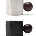 CLASGLAZ Ceramic Mini Espresso Cups Demitasse Cups with Round Wooden Handle Vertical Stripes Tea Cups (Black/White, 2pcs)