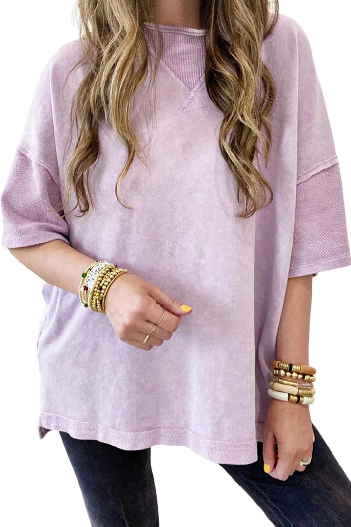 KevaMolly Womens Oversized Tshirts Tops Short Sleeve Mineral Wash Exposed Seam Drop Shoulder Tee Casual Solid Tshirt (Medium, 1 Orchid Petal)