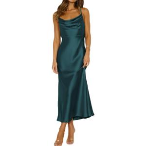 Summer Satin Spaghetti Strap Cowl Neck Backless Midi Dresses for Women Elegant Tie Low Back Ruched Cocktail Dress (Large, Deep Green)