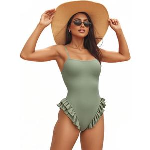 MXVPY Womens Cute One Piece Swimsuit Fashion Ruffled Monokini Swimwear-Solid High Cut Tummy Control Adjustable Straps, S