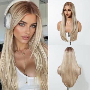 testar Long Straight Blonde Wigs for White Women Ombre Brown Blonde Silky Hair Synthetic Middle Part Wigs for Daily Use Lace Closure Natural Hairline 26 IN