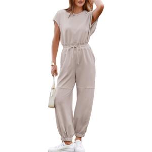 Simplee Women's Short Sleeve Casual Jumpsuit Loose Fit Open Back Summer Onesie Atheletic Jumpsuit with Pockets (1#grey)