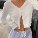 WDIRARA Women's V Neck Button Down T Shirts Lace Trim Long Sleeve Tee Crop Top (White, S)