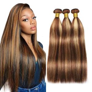 Ombre Human Hair Bundles Highlight Straight Bundles 4/27 Bundle Human Hair 12 14 16 Inch Honey Brown Silky Soft Hair Weave Brazilian Virgin Remy Hair Extensions