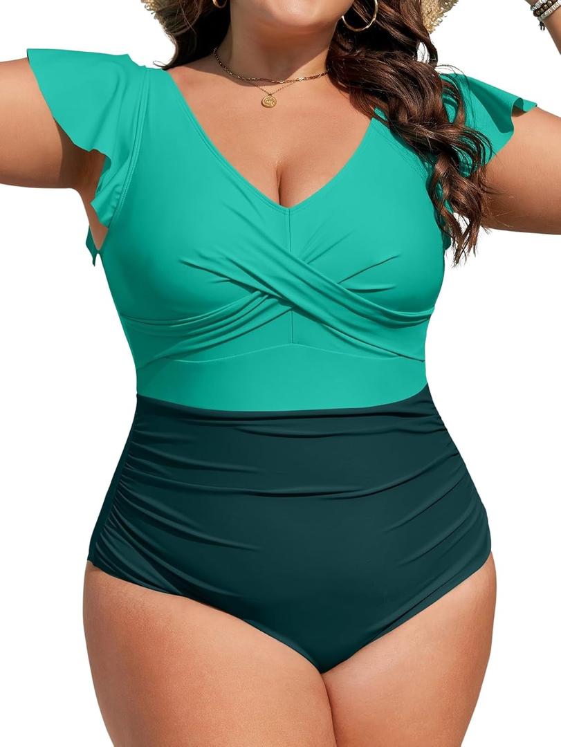 B2prity Women's Plus Size One Piece Swimsuit Tummy Control Ruffle Bathing Suit V Neck High Waist Wrap Swimwear (X-Large, Green,dark Green)