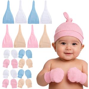 8 Sets Newborn Baby Hats & Mittens Soft Cotton Infant Knot Beanies Caps Gloves Hospital New Born Boy Girl 0-3 Months