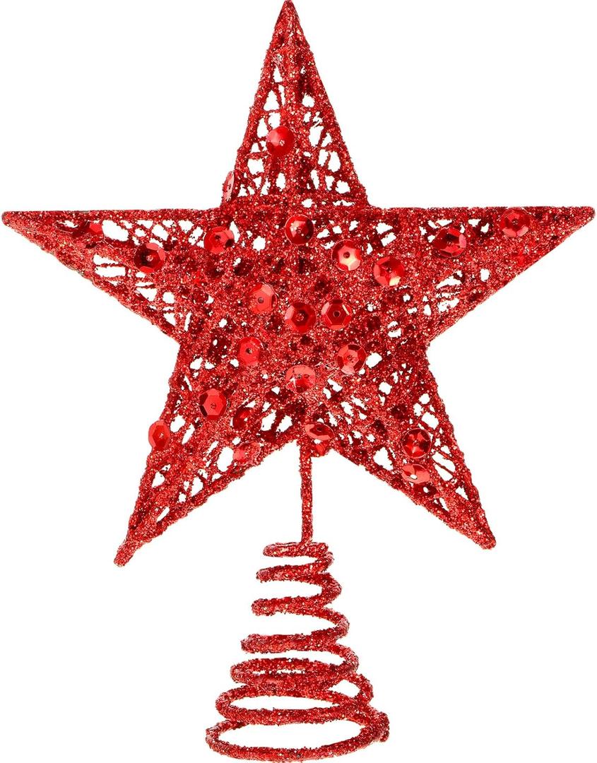 Blulu Christmas Star Tree Topper 6 Inch Glittered 3D Metal Star Treetop Topper Small Christmas Hollow Decoration for Xmas Holiday Party Decoration Indoor(Red)