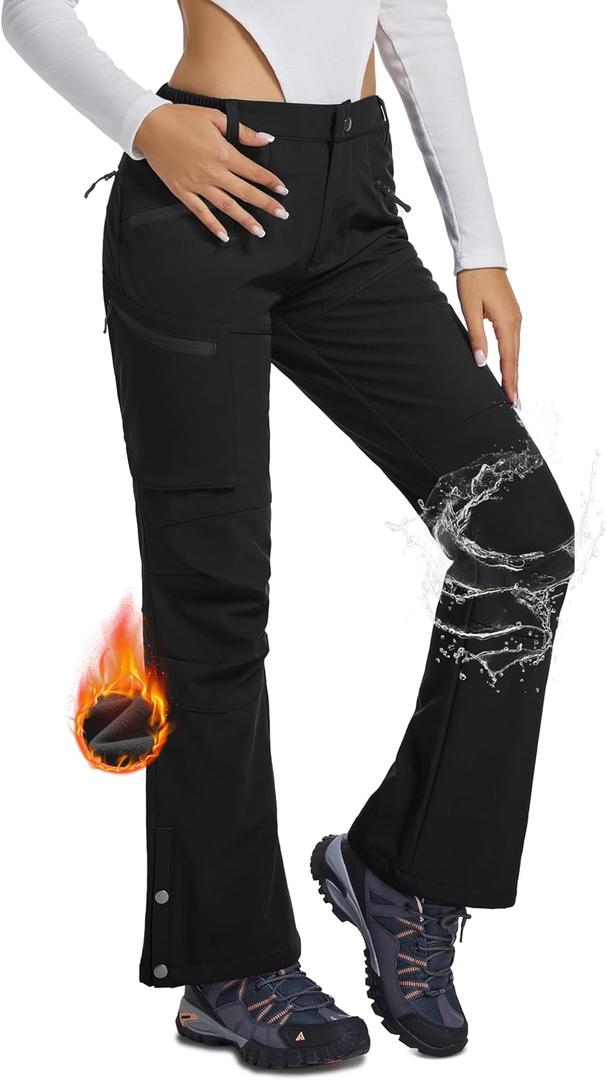 Women's Snow Ski Hiking Pants Waterproof Fleece Lined Softshell Insulated Winter Snowboarding Outdoor Flare Pants, Black, XXL