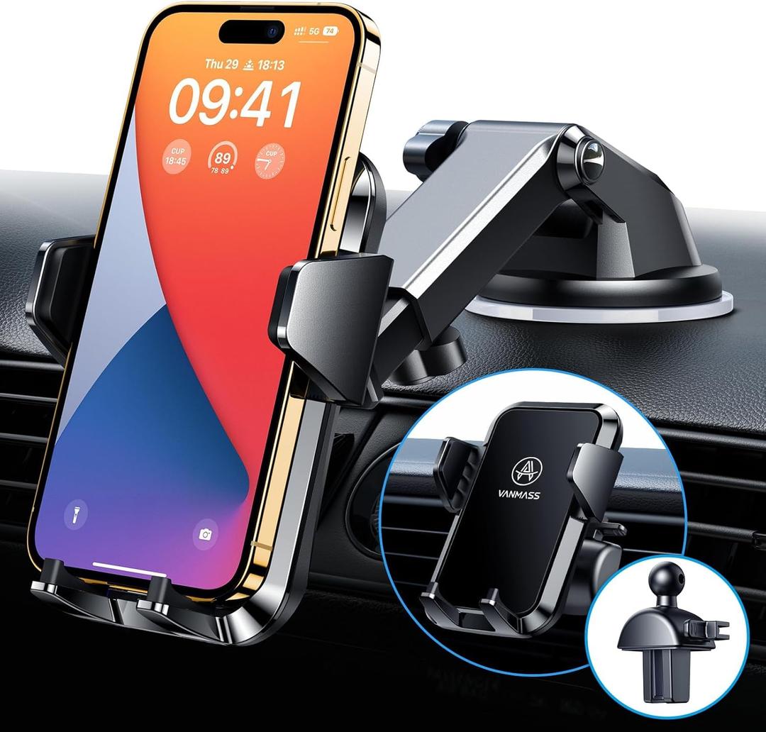 [True Anti-Vibration] Car Phone Holder VANMASS2025 Ultimate Military-Grade UpgradedSuction Cell Mount Truck Stand Cradle for Dashboard Windshield Vent for iPhone 16 Pro Max 15 14 13 Samsung Android (Black)