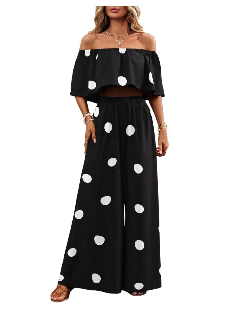 Floerns Women's 2 Piece Lounge Sets Polka Dots Off The Shoulder Crop Tops and Wide Leg Palazzo Pants L