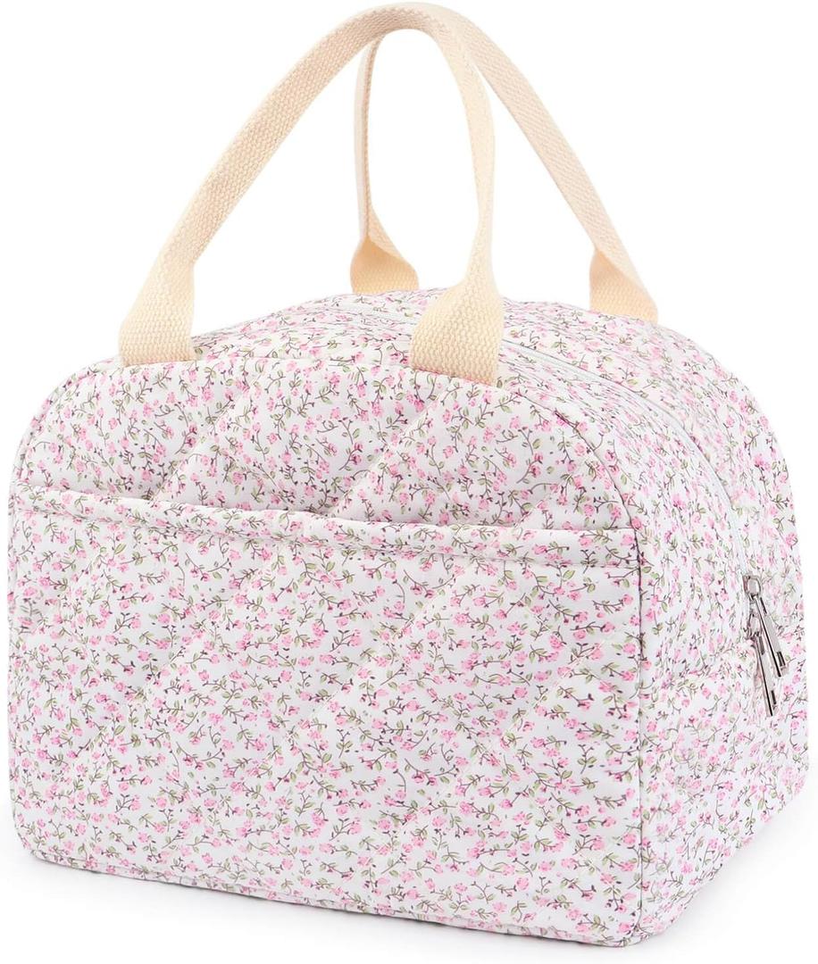 Dark Swan Cotton Quilted Insulated Lunch Bag, Cute Quilted Floral Tote Bags Reusable Lunch Box Coquette Aesthetic Large Capacity Insulated Cooler for Women Work Travel Picnic (Pink)