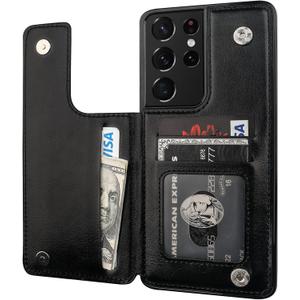 ONETOP Compatible with Samsung Galaxy S21 Ultra Wallet Case with Card Holder, PU Leather Kickstand Card Slots Case, Double Magnetic Clasp and Durable Shockproof Cover 5G 6.8 Inch(Black)