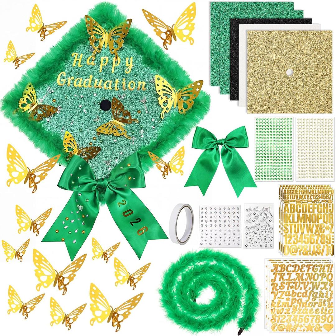 Wavwavw 30 Pcs DIY Graduation Cap Decorations Kit Grad Hats Decor Included 3D Artificial Butterfly Bow Glitter Paper Plush Alphabet Letter Stickers for 2026 DIY Grad Cap Decorations(Green)