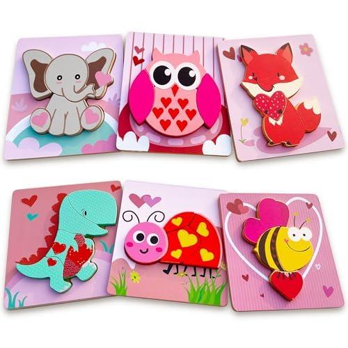 Valentines Day Wooden Puzzles 6 Pack Wooden Puzzles for Toddlers Valentines Day Gift for Toddler Toys for 1 2 3 4 Year Old Boys Girls Gifts My First Birthday Day Toys