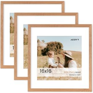 16x16 Picture Frame, Solid Wood Cherry Wood 16 x16 Photo Frame, 16x16 Square Picture Frame, 16"x16" Frame Matted to 12x12, HD Tempered Glass, 16 x 16 Wood Frame for Wall (Natural Cherry Color, 3 Pack) (16''x16''-3P)