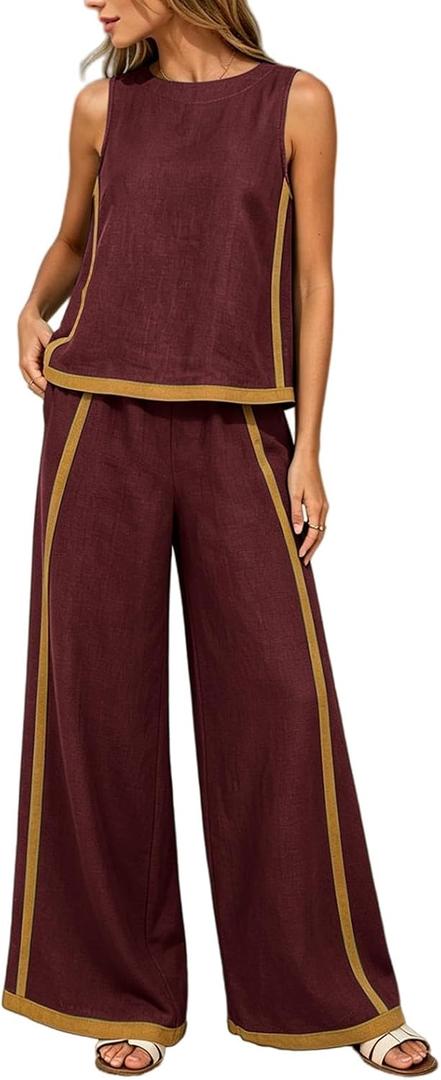 2 Piece Sets for Women Color Block Linen Lounge Sets Sleeveless Top Wide Leg Pants Matching Casual Travel Outfit (XL)