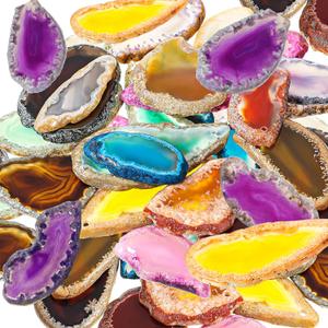 Hicarer 32 Pieces Polished Agate Slices, Drilled Agate Geode Pendants in Various Sizes and Colors Irregular Ornament Geode Stones Rock for Home Room DIY Jewelry Table Decorations