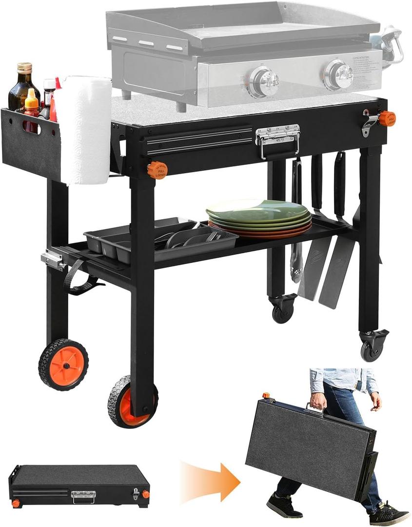 Portable Outdoor Grill Table, Stand Solid and Sturdy 31"W x 17"D, Movable Kitchen Cooking Prep BBQ Cart With Wheels, Folding Cart for Ninja Grill, Blackstone Griddle 17"/22" etc.