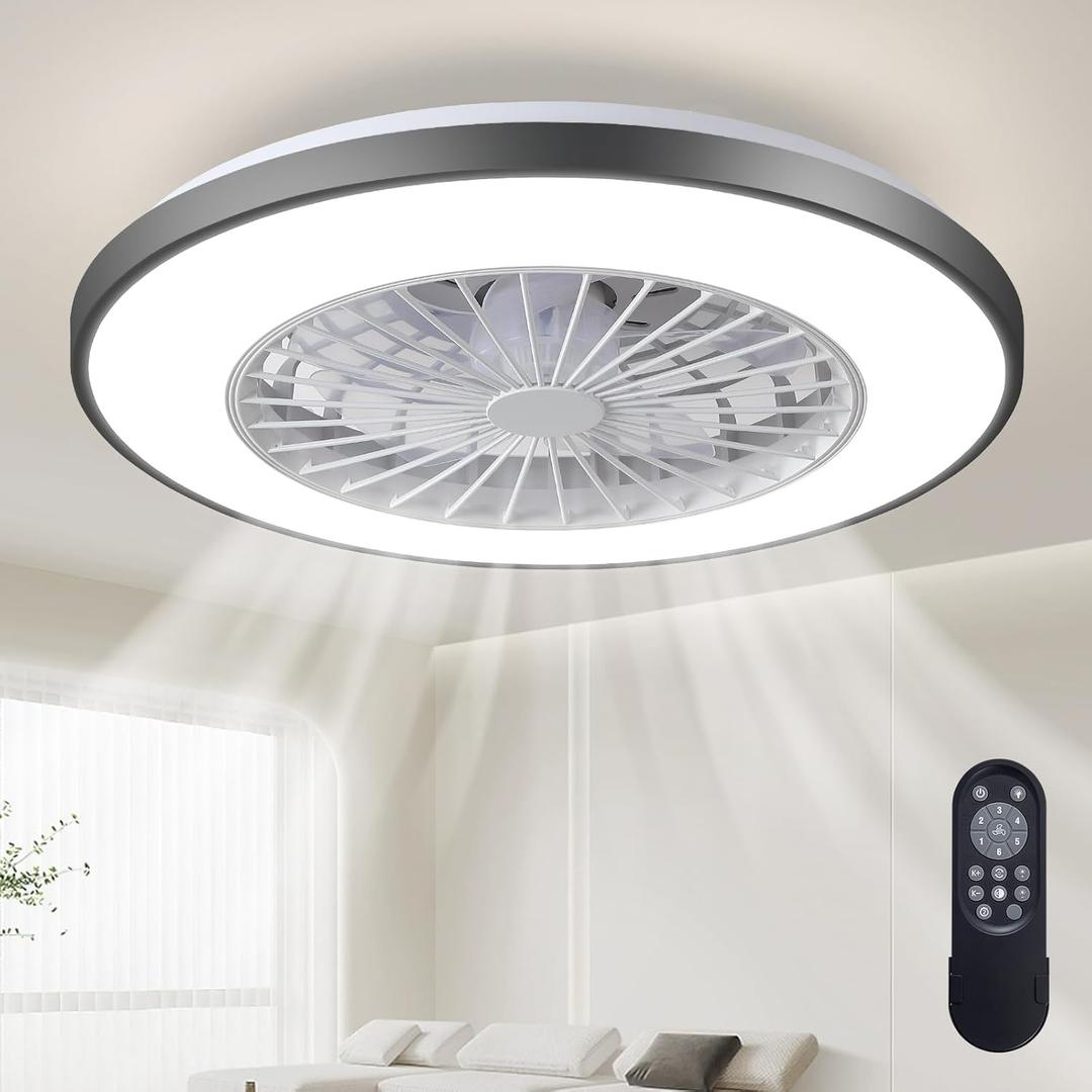 20'' Modern Low Profile Ceiling Fan with LED Light & Remote, Flush Mount Dimmable Fan for Bedroom, Living Room, Dining Room, Kitchen (Bitonal)